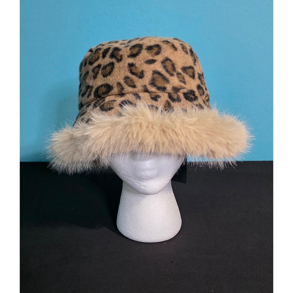 Rachel Zoe Leopard Print Bucket Hat Faux Fur Trim Tan Brown OS New NWT